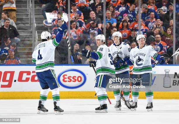 Michael Del Zotto, Jussi Jokinen, Adam Gaudette and Troy Stecher of the Vancouver Canucks celebrate after a goal during the game against the...