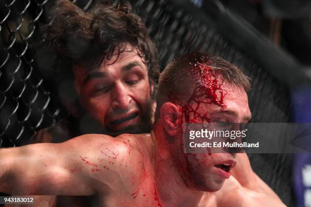 Zabit Magomedsharipov and Kyle Bochniak grapple during their featherweight bout at UFC 223 at Barclays Center on April 7, 2018 in New York City.