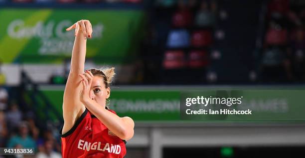 Mollie Campbell of England takes a shot during the Preliminary Basketball round match between Mozambique and England on day four of the Gold Coast...