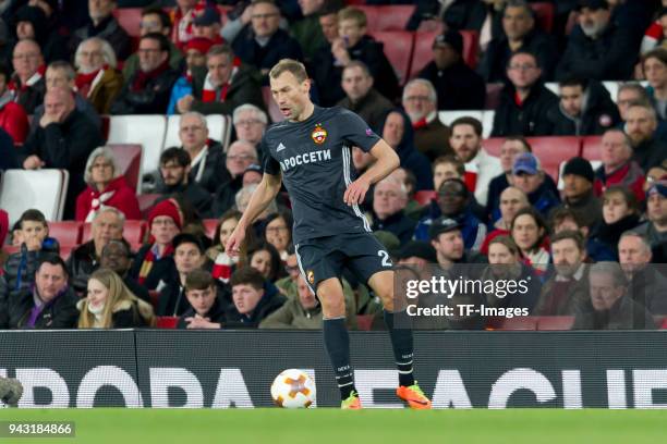 Vasili Berezutski of CSKA Moskva controls the ball during the UEFA UEFA Europa League Quarter-Final first leg match between Arsenal FC and CSKA...