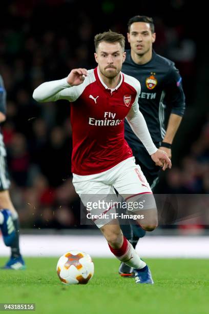 Aaron Ramsey of Arsenal controls the ball during the UEFA UEFA Europa League Quarter-Final first leg match between Arsenal FC and CSKA Moskva at...