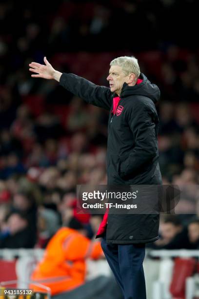 Head coach Arsene Wenger of Arsenal gestures during the UEFA UEFA Europa League Quarter-Final first leg match between Arsenal FC and CSKA Moskva at...