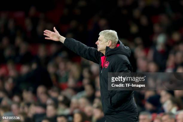 Head coach Arsene Wenger of Arsenal gestures during the UEFA UEFA Europa League Quarter-Final first leg match between Arsenal FC and CSKA Moskva at...