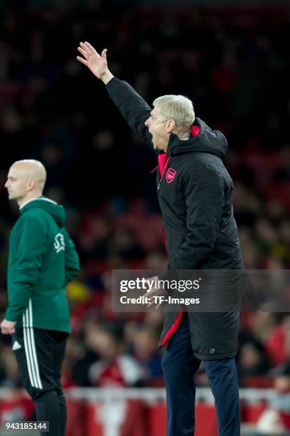 Head coach Arsene Wenger of Arsenal gestures during the UEFA UEFA Europa League Quarter-Final first leg match between Arsenal FC and CSKA Moskva at...