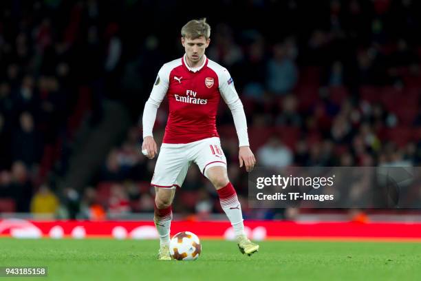 Nacho Monreal of Arsenal controls the ball during the UEFA UEFA Europa League Quarter-Final first leg match between Arsenal FC and CSKA Moskva at...