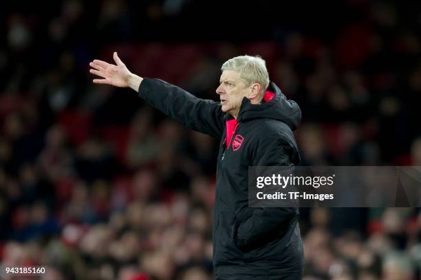 Head coach Arsene Wenger of Arsenal gestures during the UEFA UEFA Europa League Quarter-Final first leg match between Arsenal FC and CSKA Moskva at...