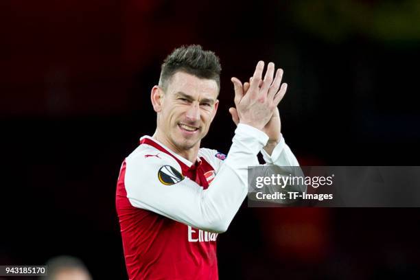 Laurent Koscielny of Arsenal celebrates after winning the UEFA UEFA Europa League Quarter-Final first leg match between Arsenal FC and CSKA Moskva at...