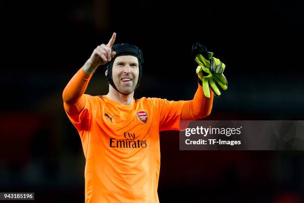 Goalkeeper Petr Cech of Arsenal celebrates after winning the UEFA UEFA Europa League Quarter-Final first leg match between Arsenal FC and CSKA Moskva...