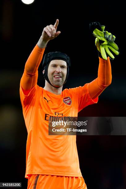 Goalkeeper Petr Cech of Arsenal celebrates after winning the UEFA UEFA Europa League Quarter-Final first leg match between Arsenal FC and CSKA Moskva...