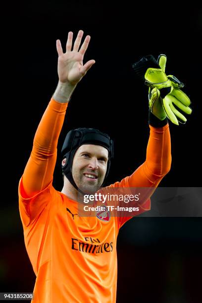 Goalkeeper Petr Cech of Arsenal celebrates after winning the UEFA UEFA Europa League Quarter-Final first leg match between Arsenal FC and CSKA Moskva...