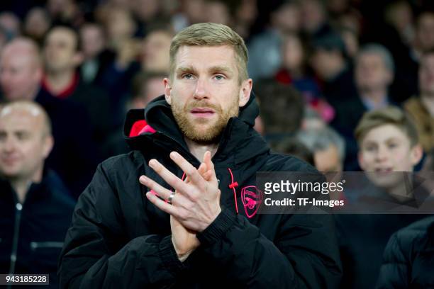 Per Mertesacker of Arsenal looks on prior the UEFA UEFA Europa League Quarter-Final first leg match between Arsenal FC and CSKA Moskva at Emirates...