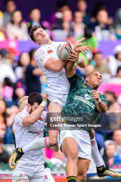 Ben Howard of England jumps to get the ball during the HSBC Hong Kong Sevens 2018 match between South Africa and England on April 7, 2018 in Hong...