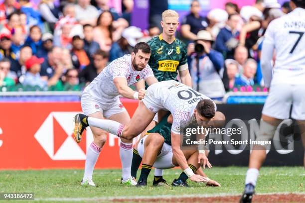 Ben Howard of England jumps to get the ball during the HSBC Hong Kong Sevens 2018 match between South Africa and England on April 7, 2018 in Hong...