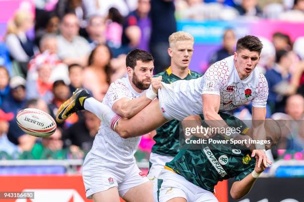 Ben Howard of England jumps to get the ball during the HSBC Hong Kong Sevens 2018 match between South Africa and England on April 7, 2018 in Hong...