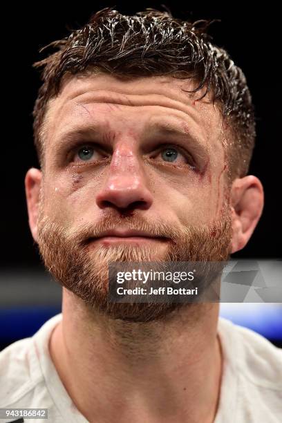 Calvin Kattar reacts after his unanimous-decision loss to Renato Moicano in their featherweight bout during the UFC 223 event inside Barclays Center...