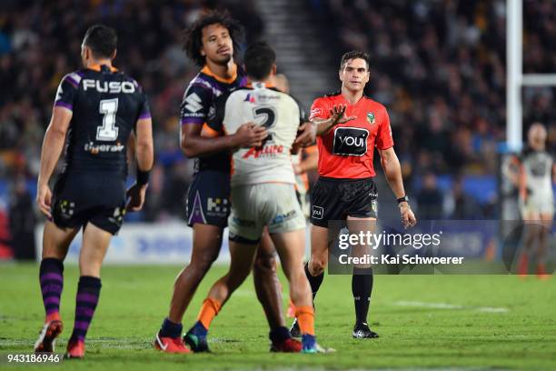 Referee Ziggy Przeklasa-Adamski reacts during the round five NRL match between the Wests Tigers and the Melbourne Storm at Mt Smart Stadium on April...