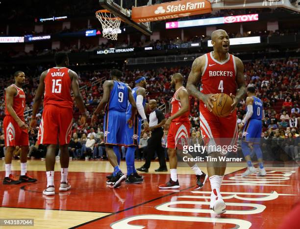 Tucker of the Houston Rockets reacts after a foul in the second half against the Oklahoma City Thunder at Toyota Center on April 7, 2018 in Houston,...