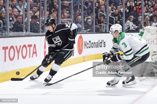 Esa Lindell of the Dallas Stars battles for the puck against John Klingberg of the Dallas Stars at STAPLES Center on April 7, 2018 in Los Angeles,...
