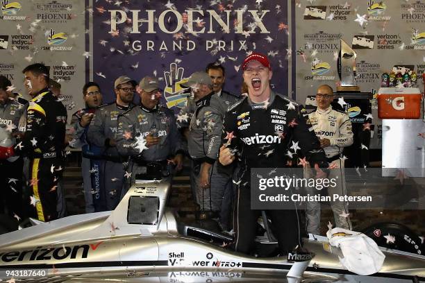 Josef Newgarden driver of the Team Penske Chevrolet IndyCar celebrates after winning the Verizon IndyCar Series Phoenix Grand Prix at ISM Raceway on...