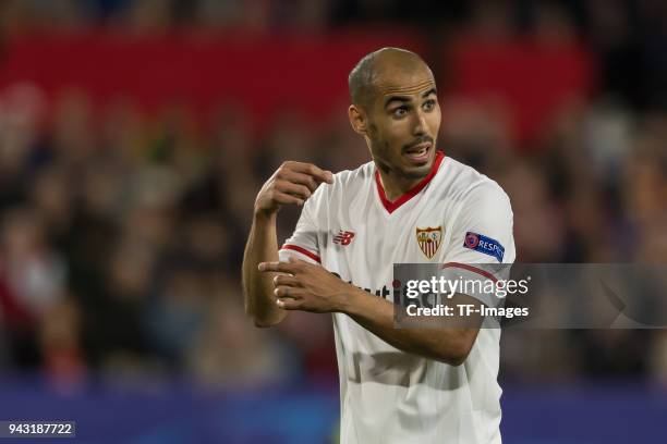 Guido Pizarro of Sevilla gestures during the UEFA Champions League Quarter-Final first leg match between Sevilla FC and Bayern Muenchen at Estadio...