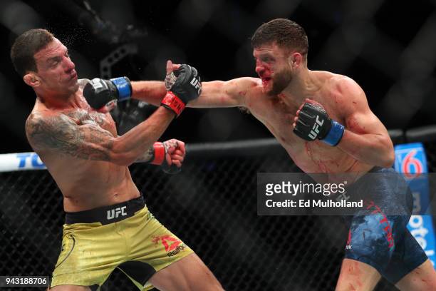 Calvin Kattar lands a right hand to the head of Renato Moicano during their featherweight bout at UFC 223 at Barclays Center on April 7, 2018 in New...