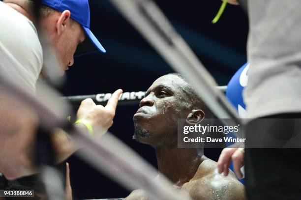 Souleymane Cissokho of France in his corner between rounds during event La Conquete Acte 4 at Palais des Sports on April 7, 2018 in Paris, France.