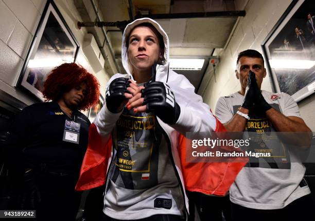 Joanna Jedrzejczyk of Poland prepares to fight Rose Namajunas in their women's strawweight title bout during the UFC 223 event inside Barclays Center...