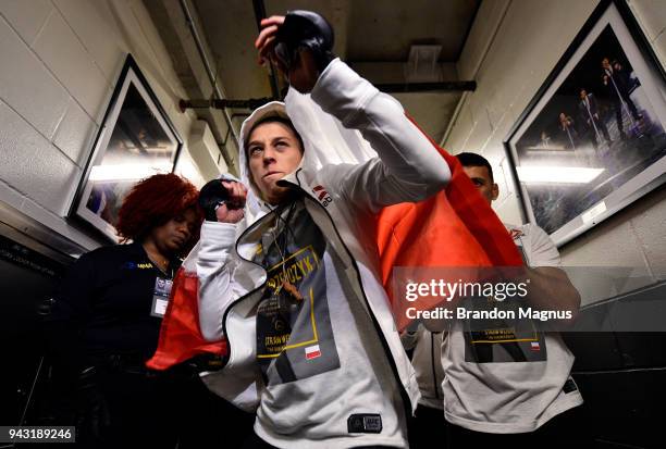 Joanna Jedrzejczyk of Poland prepares to fight Rose Namajunas in their women's strawweight title bout during the UFC 223 event inside Barclays Center...