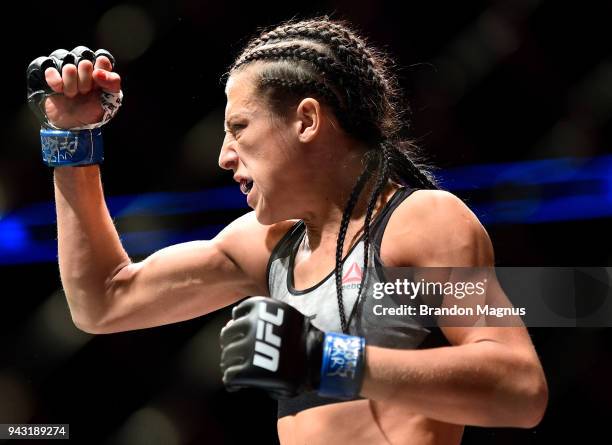 Joanna Jedrzejczyk of Poland prepares to fight Rose Namajunas in their women's strawweight title bout during the UFC 223 event inside Barclays Center...