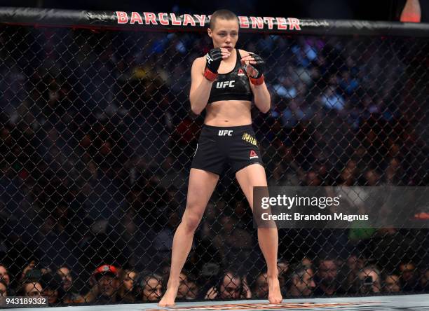 Rose Namajunas prepares to fight Joanna Jedrzejczyk in their women's strawweight title bout during the UFC 223 event inside Barclays Center on April...