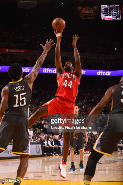 Solomon Hill of the New Orleans Pelicans shoots the ball against the Golden State Warriors on April 7, 2018 at ORACLE Arena in Oakland, California....