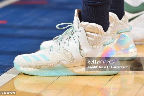 The sneakers of Kyle O'Quinn of the New York Knicks are seen during the game against the Milwaukee Bucks on April 7, 2018 at Madison Square Garden in...