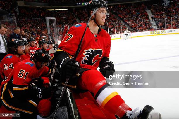 Dougie Hamilton of the Calgary Flames gets ready to skate against the Vegas Golden Knights during an NHL game on April 7, 2018 at the Scotiabank...