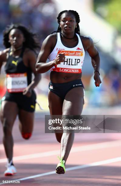 Tahesia Asha Philip of England competes in the Women's 100 metres heats on day four of the Gold Coast 2018 Commonwealth Games at Carrara Stadium on...