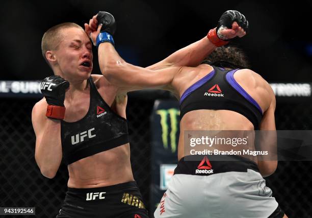 Joanna Jedrzejczyk of Poland punches Rose Namajunas in their women's strawweight title bout during the UFC 223 event inside Barclays Center on April...