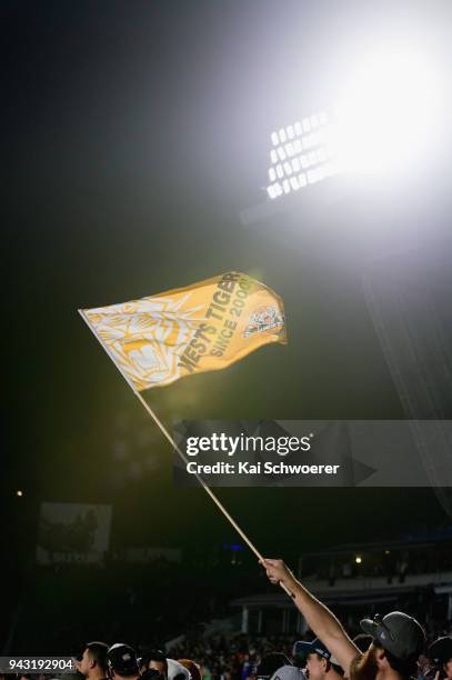 Tigers fan shows his support during the round five NRL match between the Wests Tigers and the Melbourne Storm at Mt Smart Stadium on April 7, 2018 in...