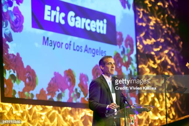 Eric Garcetti, Mayor of Los Angeles, speaks onstage at the My Friend's Place 30th Anniversary Gala at Hollywood Palladium on April 7, 2018 in Los...
