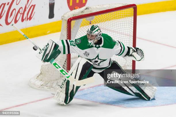 Dallas Stars goaltender Kari Lehtonen makes a blocker save during an NHL regular season game against the Los Angeles Kings on April 7, 2018 at...