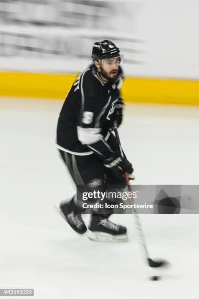 Los Angeles Kings defenseman Drew Doughty during an NHL regular season game against the Dallas Stars on April 7, 2018 at Staples Center in Los...