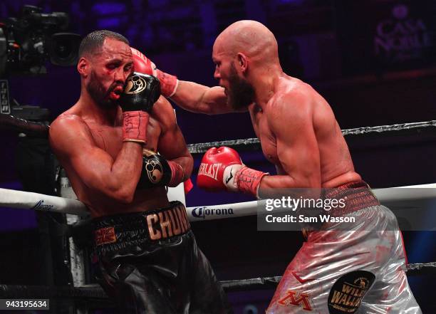 Caleb Truax lands a right on James DeGale during their IBF super middleweight title fight at The Joint inside the Hard Rock Hotel & Casino on April...