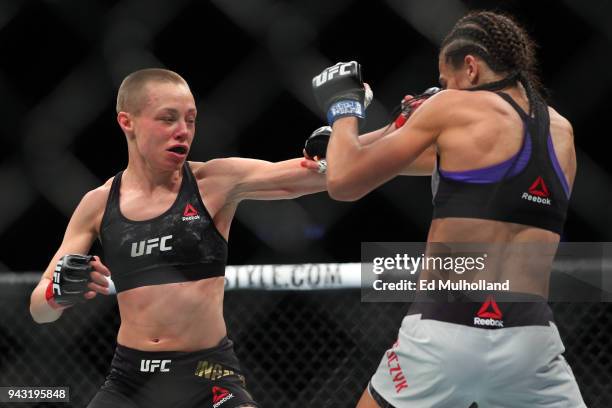 Strawweight champion Rose Namajunas throws a left hand at Joanna Jedrzejczyk during their UFC women's strawweight championship bout at UFC 223 at...