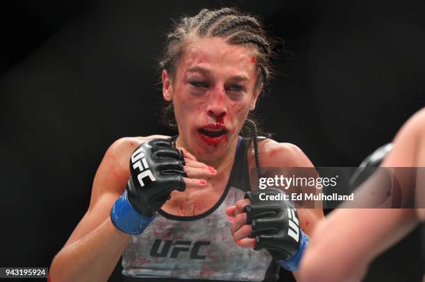 Joanna Jedrzejczyk during her UFC women's strawweight championship bout against UFC strawweight champion Rose Namajunas at UFC 223 at Barclays Center...