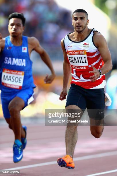Adam Gemili of England competes in the Men's 100 metres h on day four of the Gold Coast 2018 Commonwealth Games at Carrara Stadium on April 8, 2018...