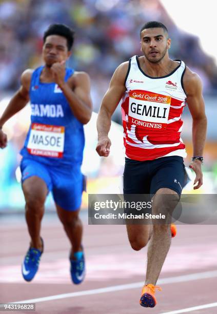 Adam Gemili of England competes in the Men's 100 metres h on day four of the Gold Coast 2018 Commonwealth Games at Carrara Stadium on April 8, 2018...