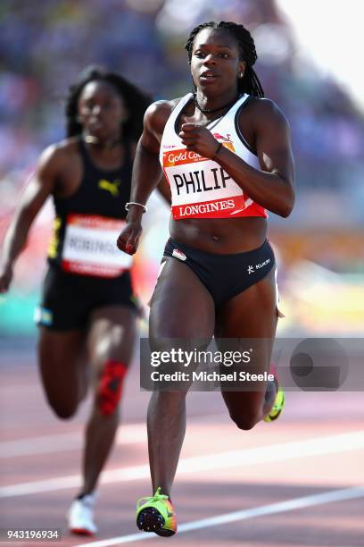 Asha Philip of England competes in the Women's 100 metres heats on day four of the Gold Coast 2018 Commonwealth Games at Carrara Stadium on April 8,...