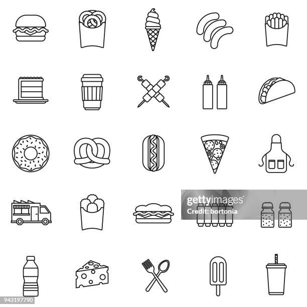 fast food thin line icon set - black and white cheese stock illustrations