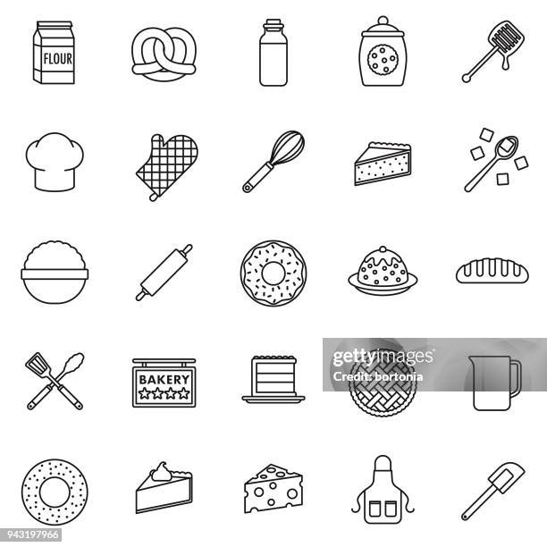 stockillustraties, clipart, cartoons en iconen met bakken van dunne lijn icon set - bakkerij