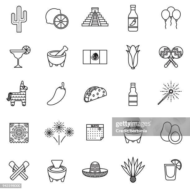 ilustraciones, imágenes clip art, dibujos animados e iconos de stock de cinco de mayo fina línea icon set - sombrero