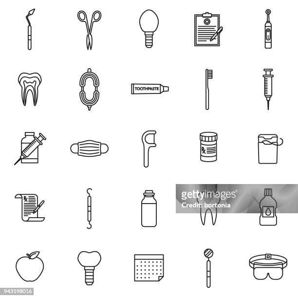 stockillustraties, clipart, cartoons en iconen met tandarts dunne lijn icon set - plateau keukengereedschap