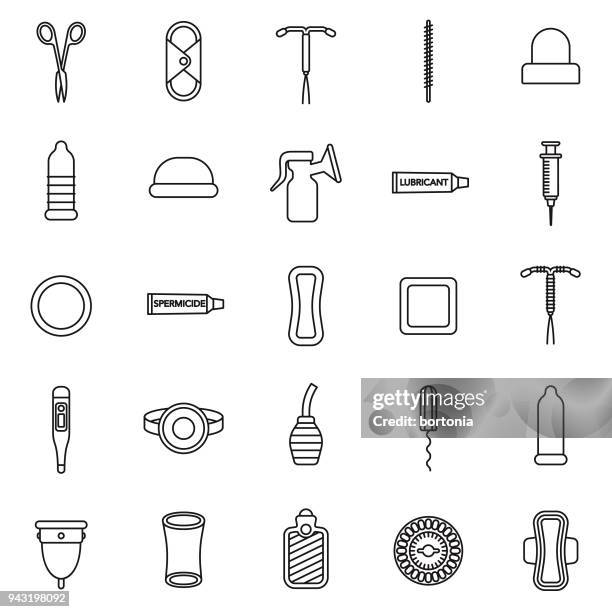 feminine pflege dünne linie-icon-set - contraceptive stock-grafiken, -clipart, -cartoons und -symbole